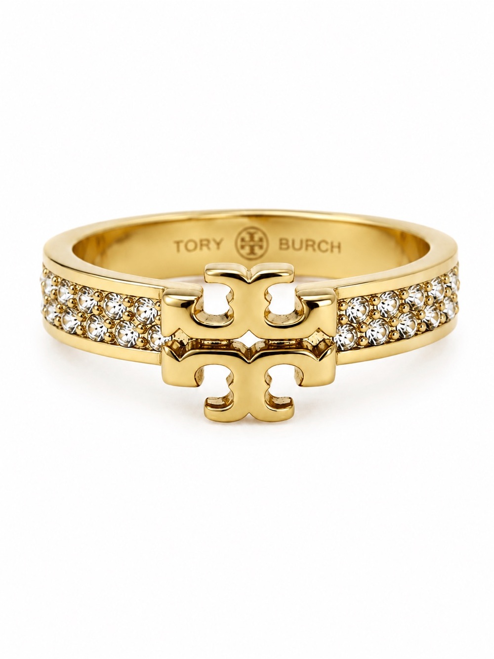 TORY BURCH • Gold Double T Crystal Logo Ring Includes Tory Burch Jewelry Bag